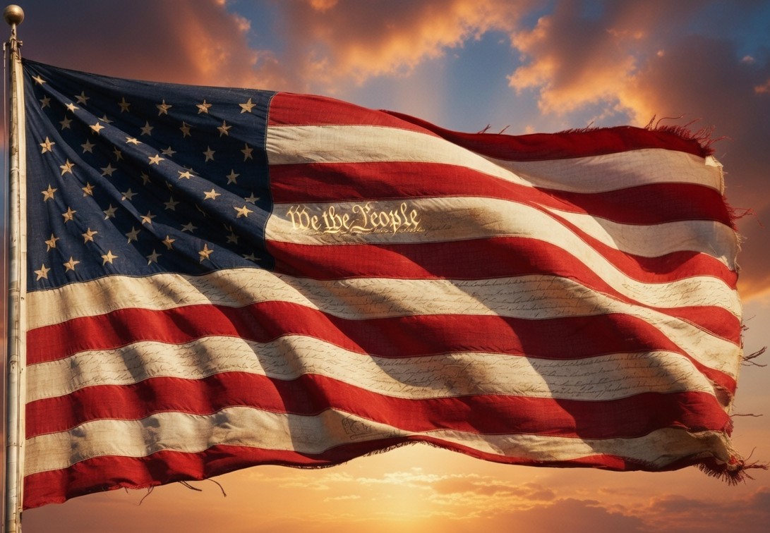 American flag waving at sunset with Break The System 2028 logo overlay